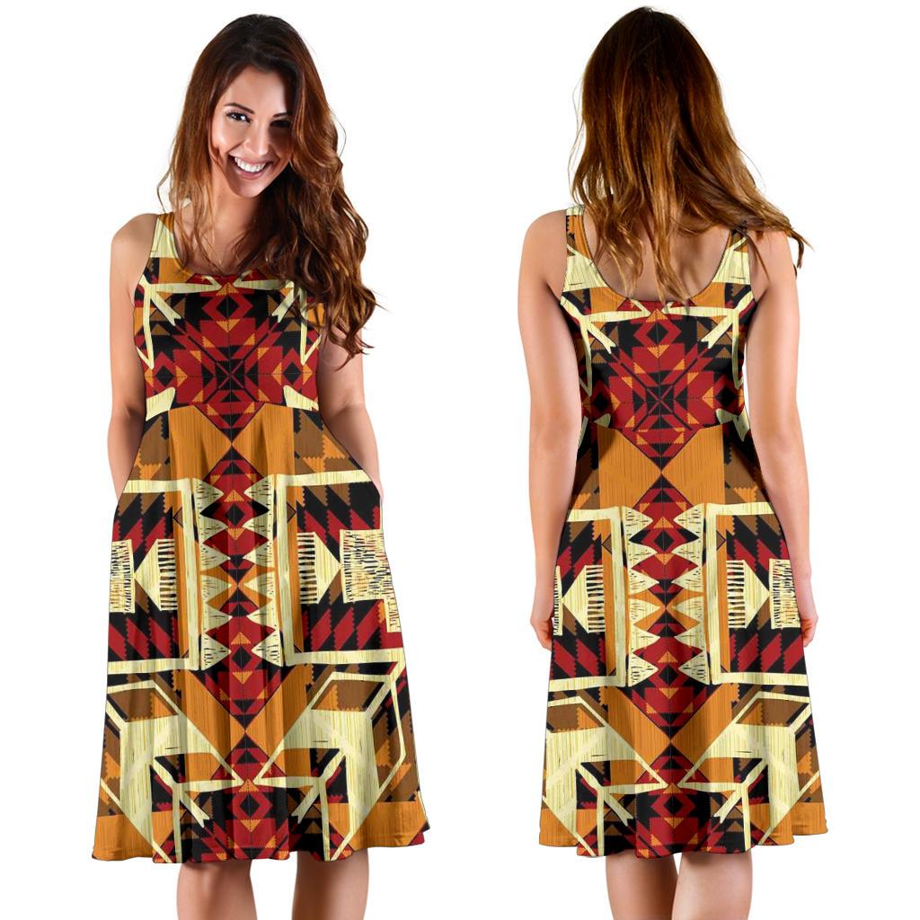 Front and back views: multicolor geometric tribal 3D sleeveless fit-and-flare dress