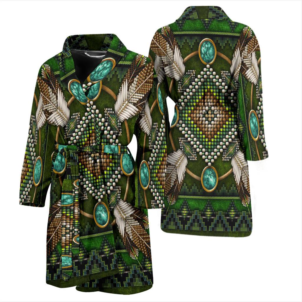 Pair of green bath robes with Native bead mandala print and turquoise medallions