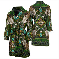 Pair of green bath robes with Native bead mandala print and turquoise medallions