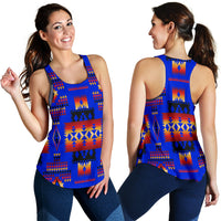 Women’s dark blue racerback tank top with multicolor Native-inspired geometric print