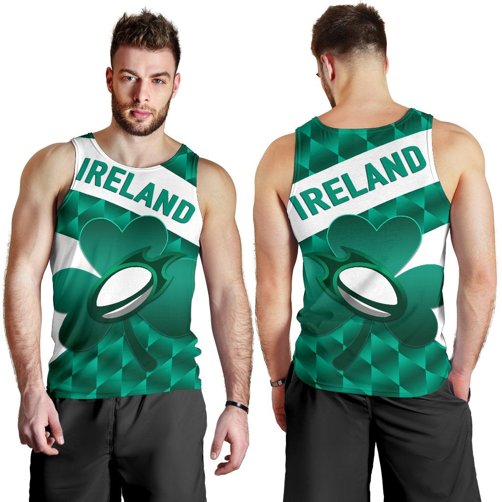 Green Ireland rugby tank top with white stripe and shamrock print, front and back