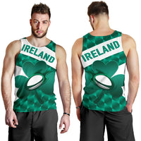 Green Ireland rugby tank top with white stripe and shamrock print, front and back