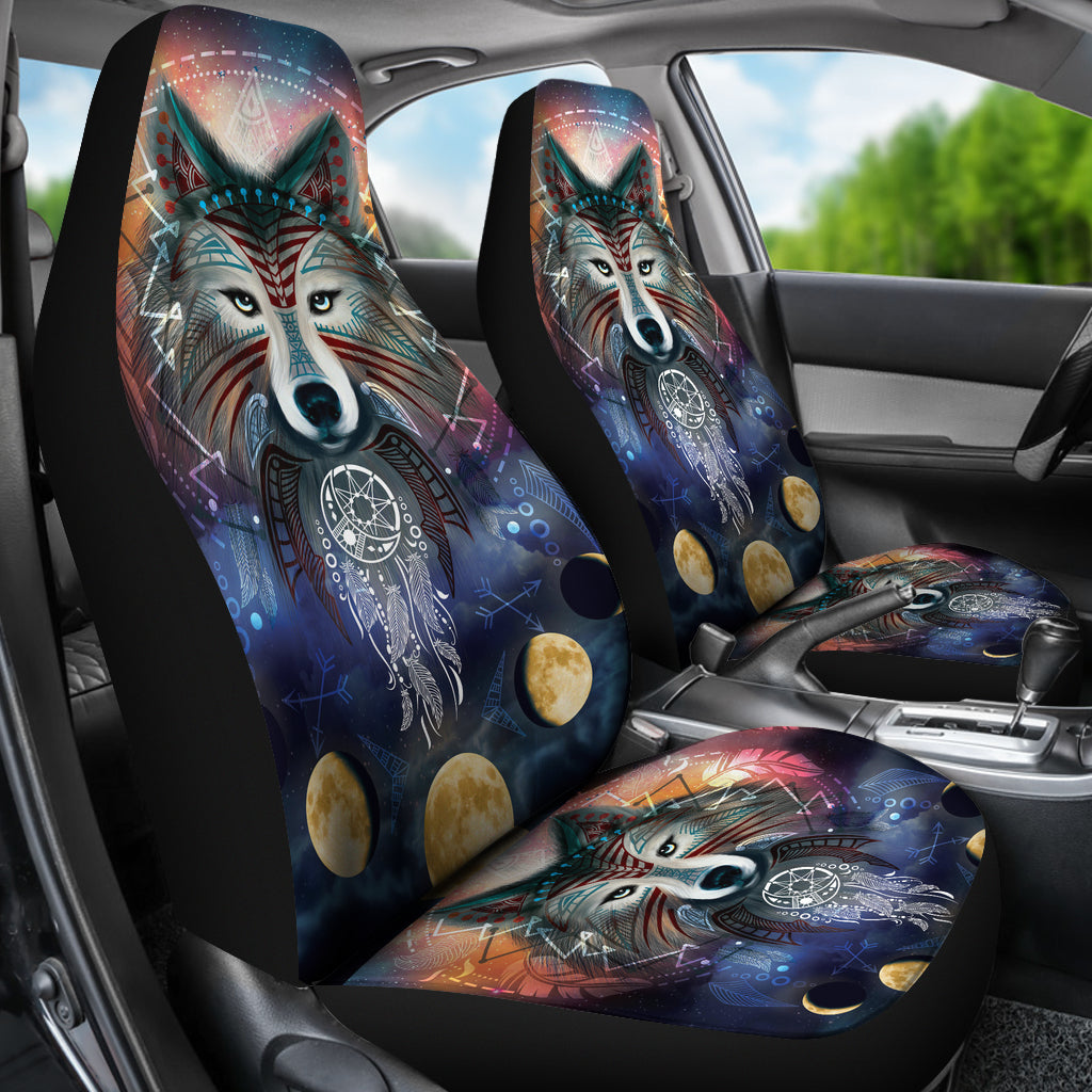 Front car seat covers featuring wolf design with teal ears, moon and star graphics