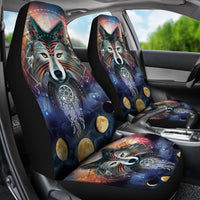 Front car seat covers featuring wolf design with teal ears, moon and star graphics