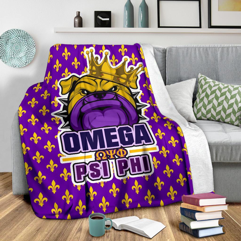 Purple throw blanket with crown dog graphic, Omega Psi Phi lettering, fleur-de-lis pattern