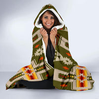 Hooded blanket with white sherpa lining, olive multicolor geometric pattern