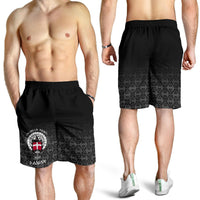 Black men’s shorts on model, elastic waist and geometric print with Viking crest
