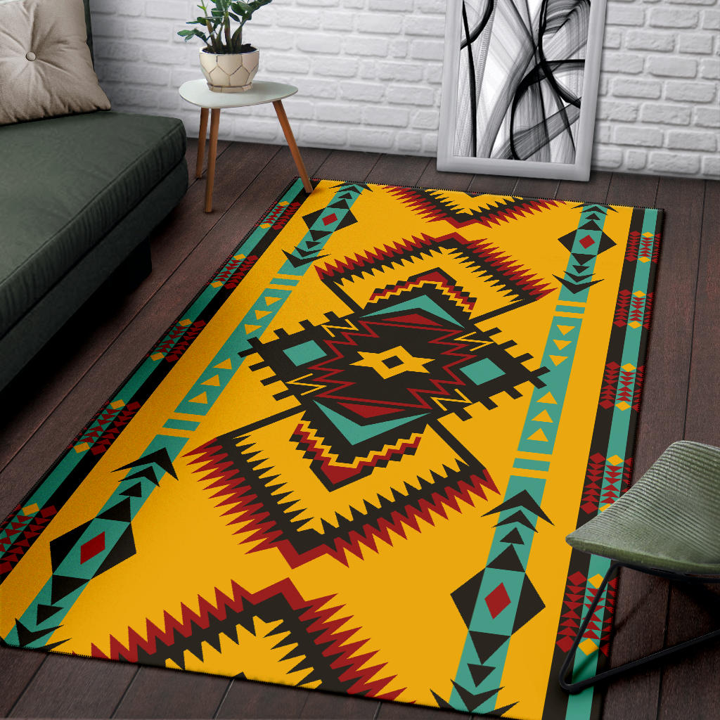 Geometric ornament area rug, multicolor design with black-red diamond center on yellow