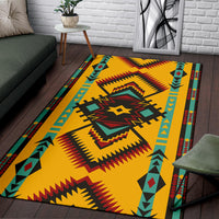 Geometric ornament area rug, multicolor design with black-red diamond center on yellow