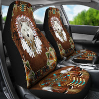 Front car seat cover set showing white wolf headdress on brown fabric