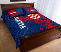 Blue Croatia quilt bed set with 'Croatia' text, shield crest, and red geometric blocks