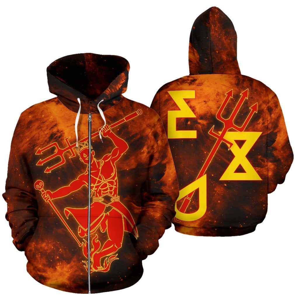 Zip-up hoodie, orange-brown galaxy print with red-gold Orisha symbol on front