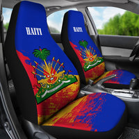 Haiti car seat covers set: blue headrests and seat panels with red streaks and HAITI
