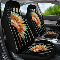 Multicolor headdress feather print car seat covers on front seats, black base