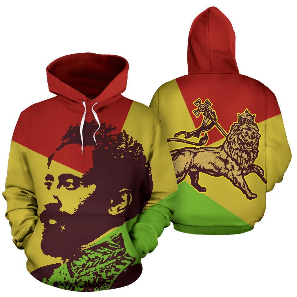 Multicolor pullover hoodie with hood; red/yellow/green panels and face graphic