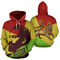 Multicolor pullover hoodie with hood; red/yellow/green panels and face graphic
