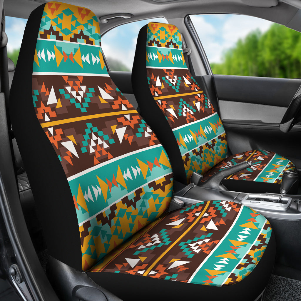 Colorful patterned car seat covers with geometric stripes on seat back and bottom