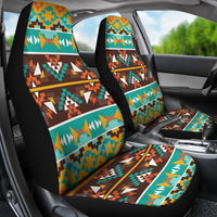 Colorful patterned car seat covers with geometric stripes on seat back and bottom