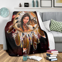 Maroon dream catcher throw blanket featuring Native girl, wolf, and feather charm artwork