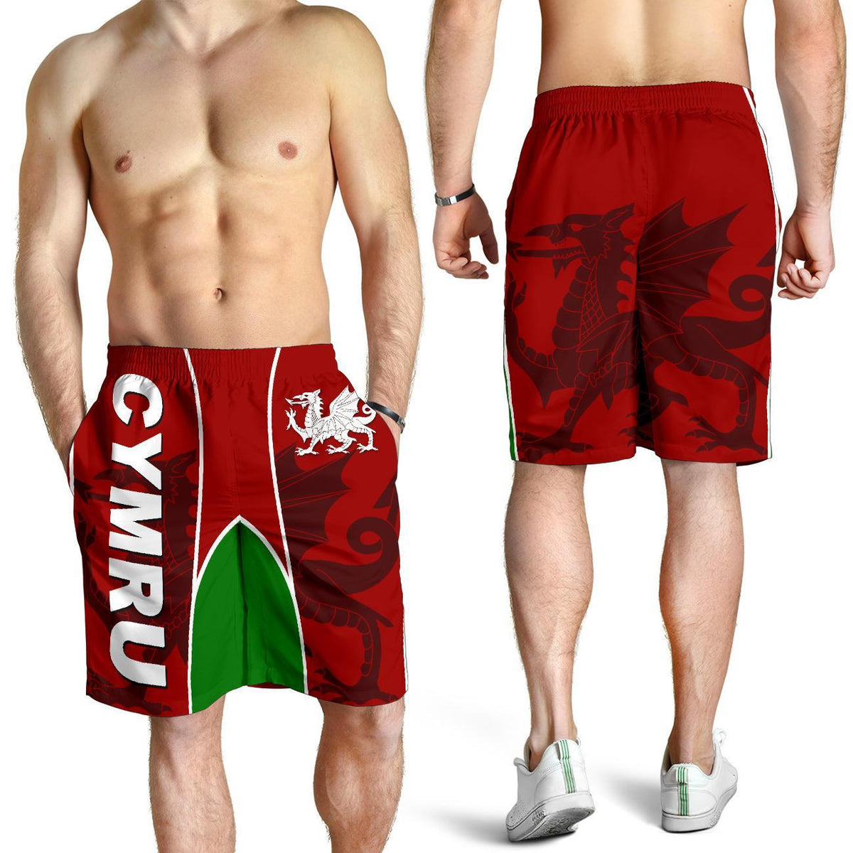Red men’s Wales shorts on model; Cymru dragon crest, green side stripe, elastic waist