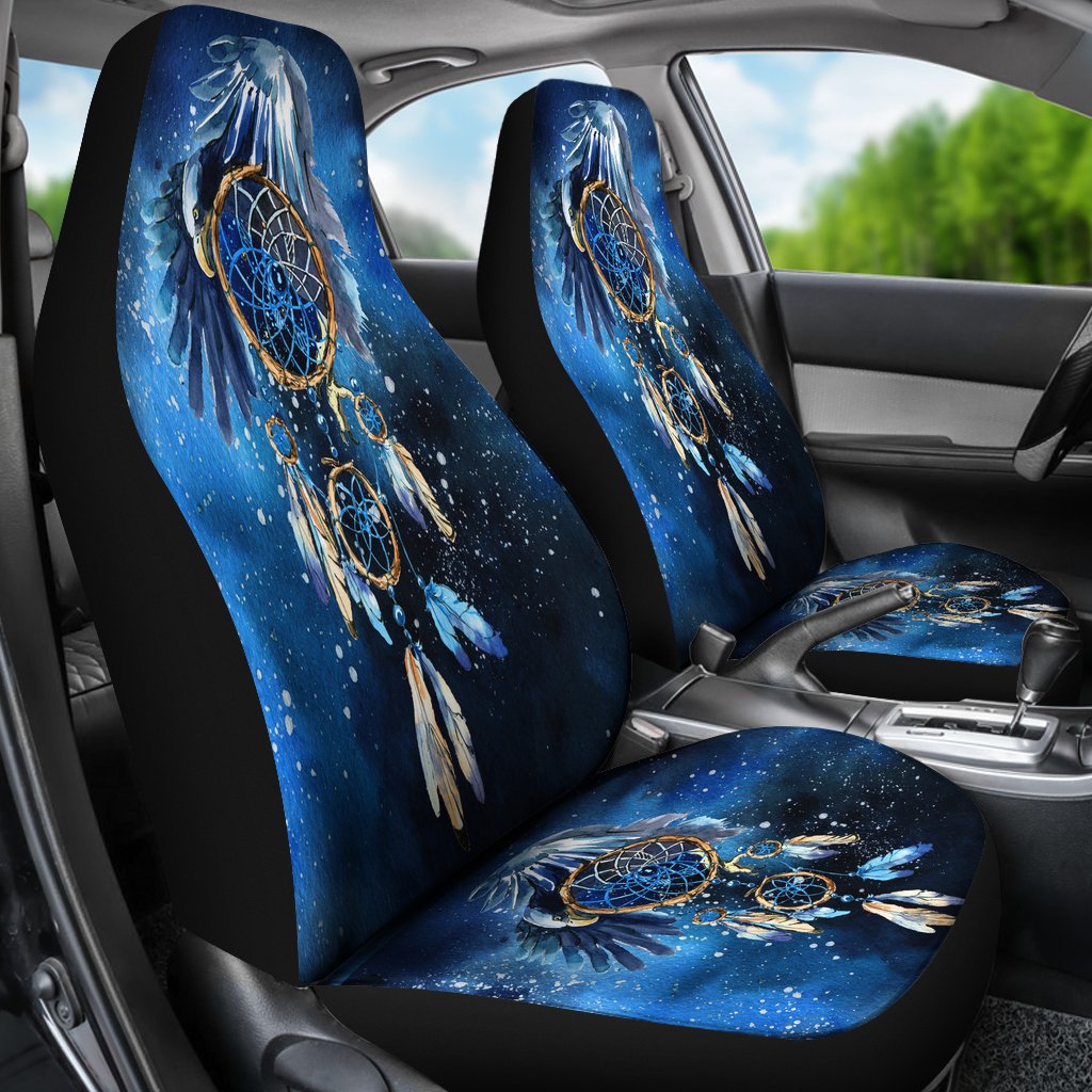 Blue galaxy dreamcatcher car seat covers, full front-seat panels with matching seat base print