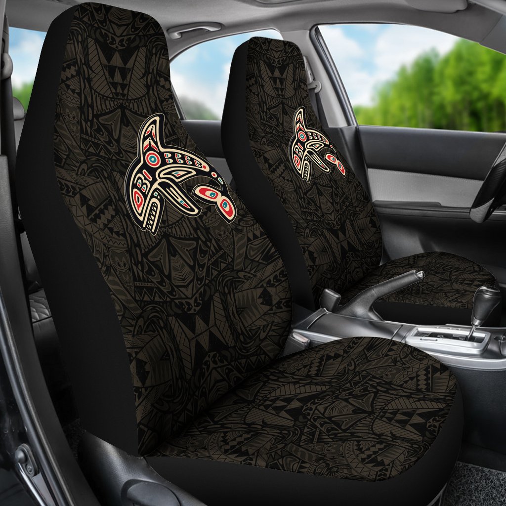 Rear car seat covers, black Haida killer whale graphics over geometric Tribal pattern (Art)