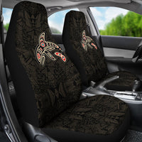 Rear car seat covers, black Haida killer whale graphics over geometric Tribal pattern (Art)
