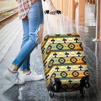 Yellow suitcase cover with Native-style geometric bands and wheel cutouts