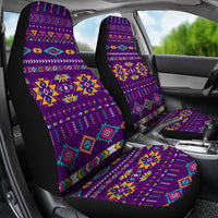Light purple multicolor patterned car seat covers installed on vehicle front seats