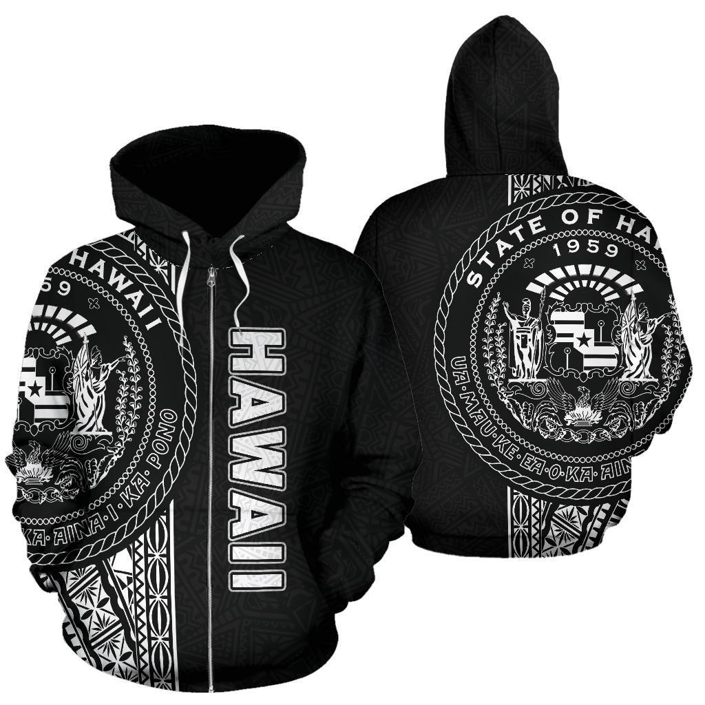 Black zip-up hoodie with white Hawaiian emblem print, hood and full zipper