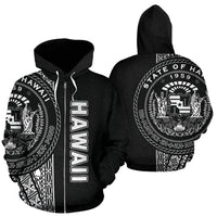Black zip-up hoodie with white Hawaiian emblem print, hood and full zipper