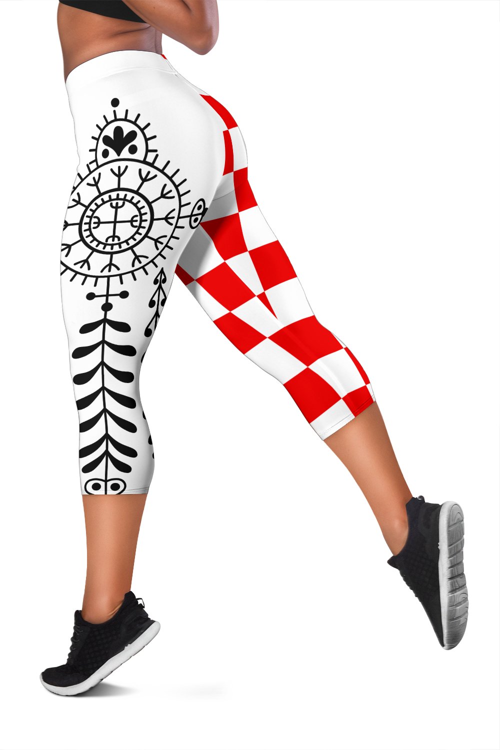 Croatia capri leggings with red-and-white check and black floral tattoo print