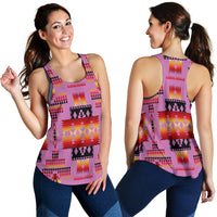 Pink racerback tank front and side, multicolor native-style tribal geometric print