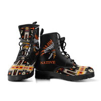 Black leather boots with multicolor patterned toe panels, Native head graphic, 'NATIVE'