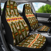 Two front car seat covers with Native American geometric pattern, dark green base