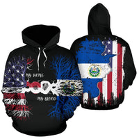 Pair of black hoodies: front DNA root graphic and back Honduras flag splatter design