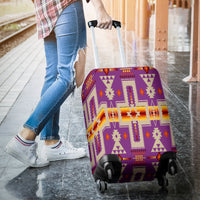 Light purple luggage cover with multicolor tribal motifs, snug fit over suitcase wheels