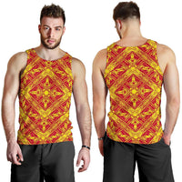 Men's Polynesian tank top, sleeveless red with yellow geometric flame print