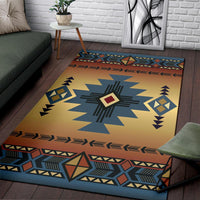 Rug with Southwest geometric star center and zigzag border in blue, gold, rust, and red accents