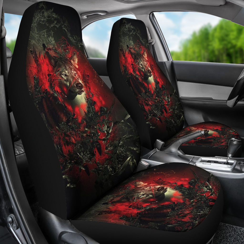 LT10 front seat covers with red wolf portrait design on black fabric