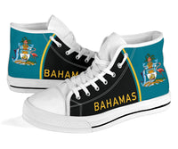 Bahamas High-Top Canvas Shoes, front angle with turquoise panels and yellow "BAHAMAS"