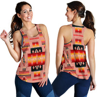 Front and back racerback tank with tan tribal geometric pattern in red and orange