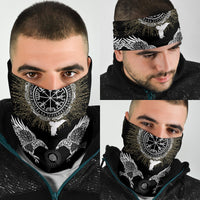 Black bandana face mask with Vegvisir circle, runes, and gold-toned background print