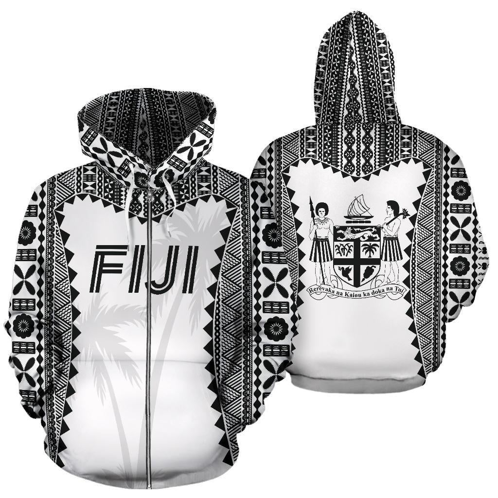 White zip-up hoodie with black tapa tribal pattern, front zipper, hood, and sleeves
