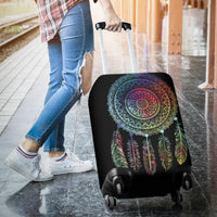 Black luggage cover featuring multicolor dreamcatcher mandala and feather graphic