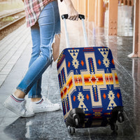 Dark navy luggage cover with multicolor native geometric pattern, suitcase side view
