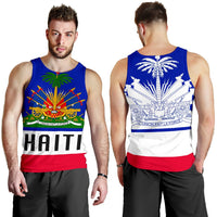 Blue tank top front and back: palm emblem front, white emblem back view