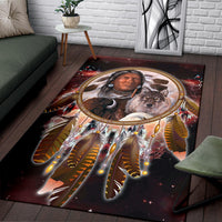 Chief and Animals area rug: dreamcatcher motif with feather fringe and wolves