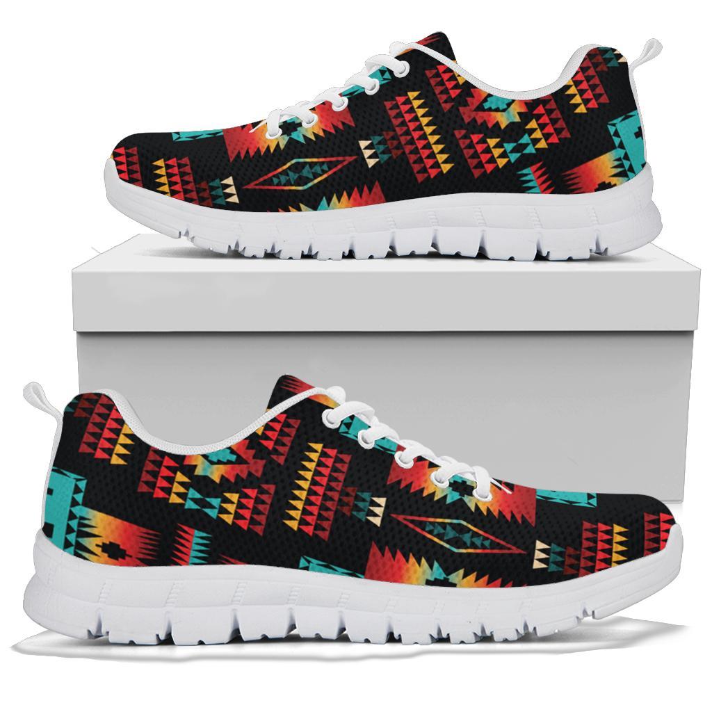 Black low-top sneakers with bright geometric Native-style print and white laces