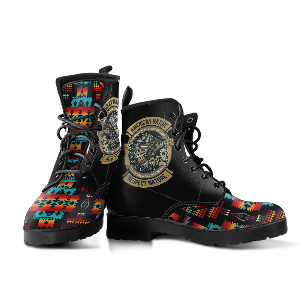 Two-tone view: black boots with colorful geometric toe insets and American Native emblem